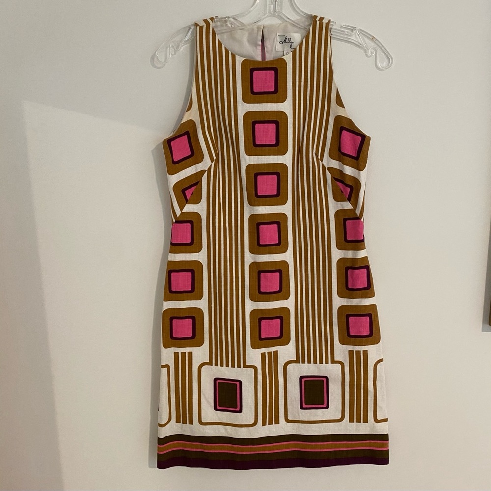 Milly Shift Dress 0 Geometric Pink Brown White